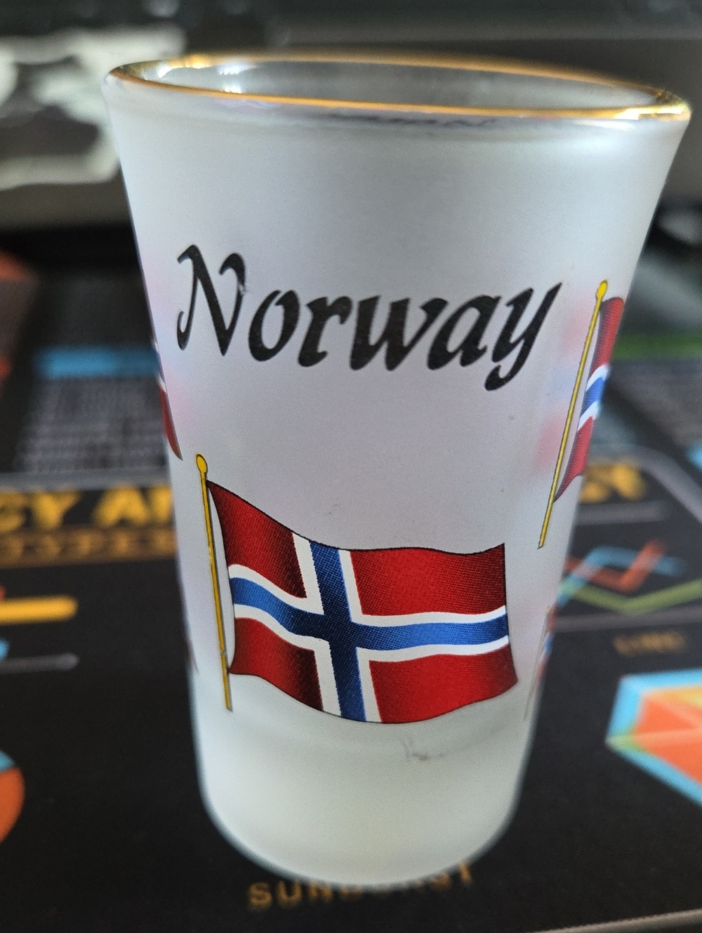 Norway Frosted Shot Glass with Norwegian Flag and Gold Rim